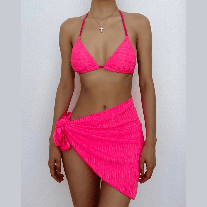 Textured self tie solid backless halter 3 piece swimwear