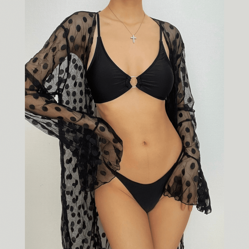 Maillot de bain 3 pièces uni à manches longues et à pois 