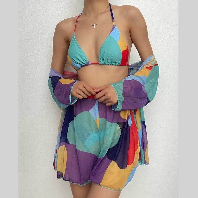 Maillot de bain 4 pièces à imprimé maille contrastée, manches courtes, licou, à nouer soi-même 
