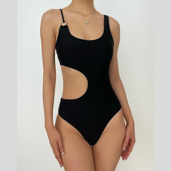 Hollow out irregular solid o ring one piece swimwear