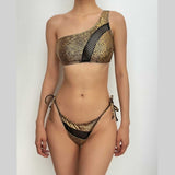 Maillot de bain bikini à une épaule en patchwork imprimé peau de serpent et à nouer soi-même 