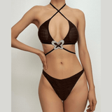 Maillot de bain bikini uni à appliques papillon et licou 
