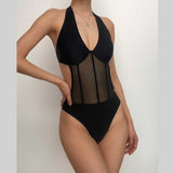 Cross front halter self tie mesh backless one piece swimwear