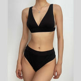 Backless padded solid v neck bikini swimwear