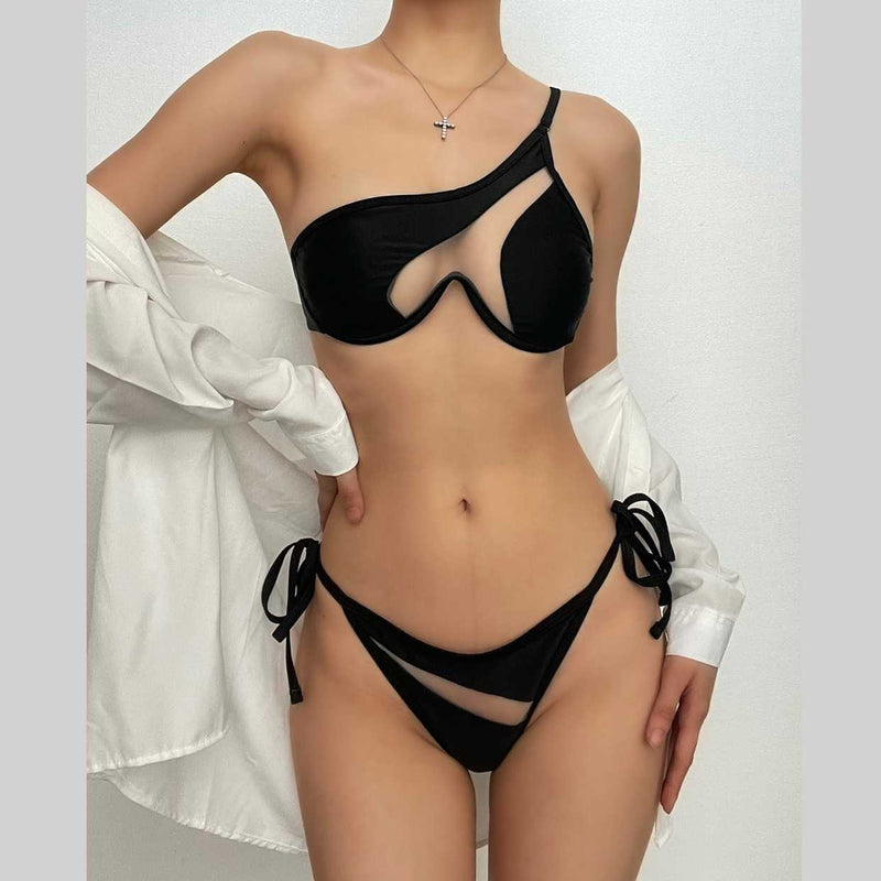 Mesh patchwork one shoulder button self tie bikini swimwear