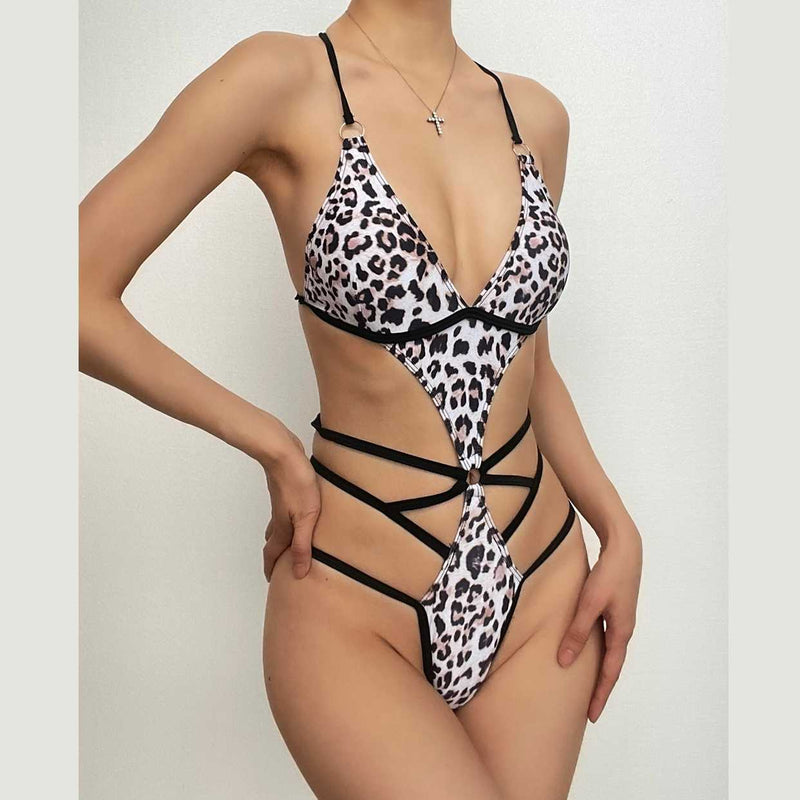 Maillot de bain bikini rembourré dos nu contrasté à imprimé léopard 