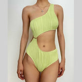 Textured solid one shoulder button hollow out one piece swimwear