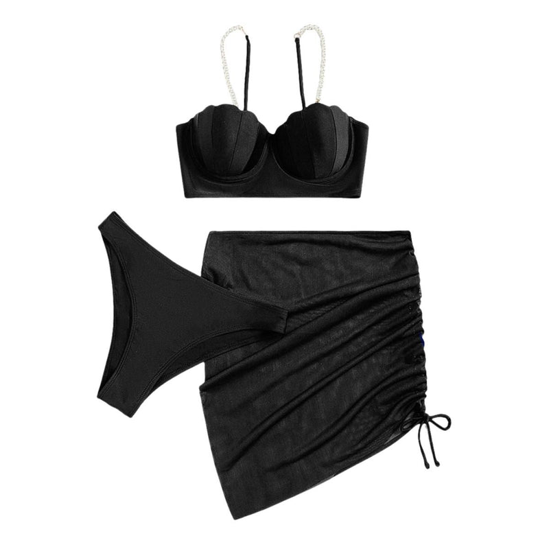 Maillot de bain 3 pièces en maille avec cordon de serrage et dos nu rembourré, motif perles 