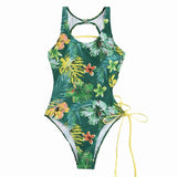 Hollow out lace up self tie one piece swimwear