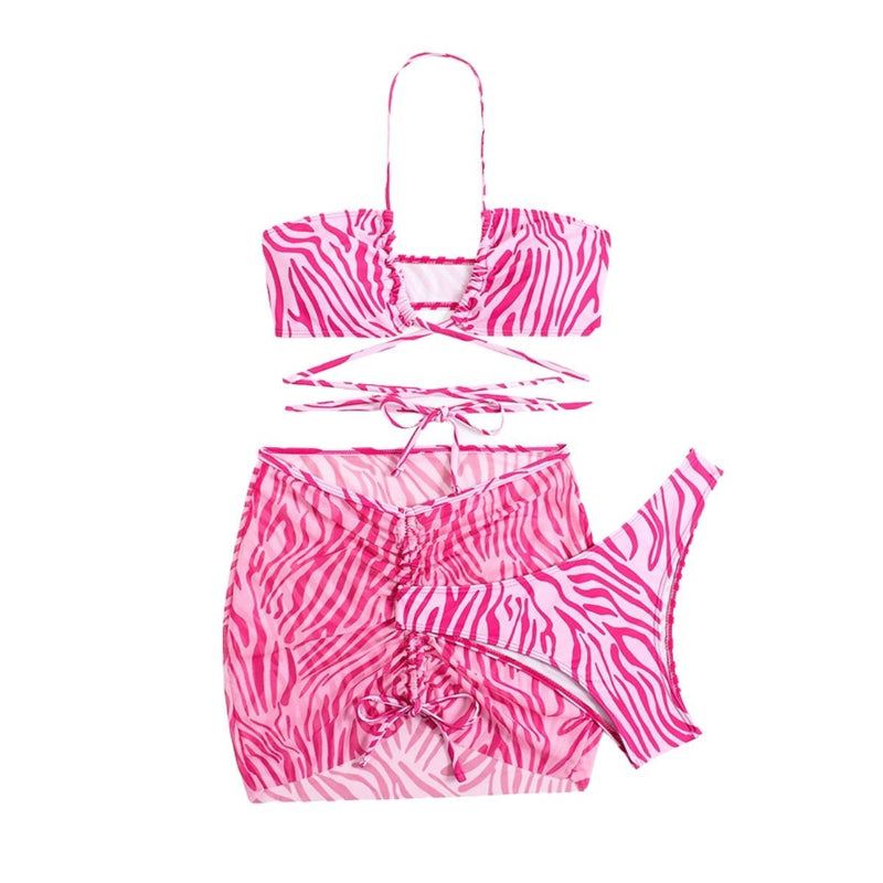 Maillot de bain 3 pièces à nouer soi-même, en maille à imprimé zèbre, avec cordon de serrage 