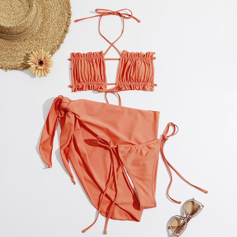 Ruched self tie halter solid backless 3 piece swimwear