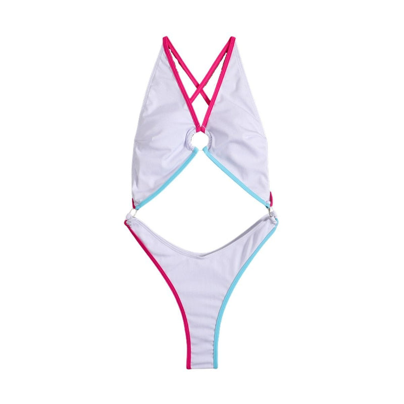 Maillot de bain une pièce dos nu croisé avec anneau contrasté 
