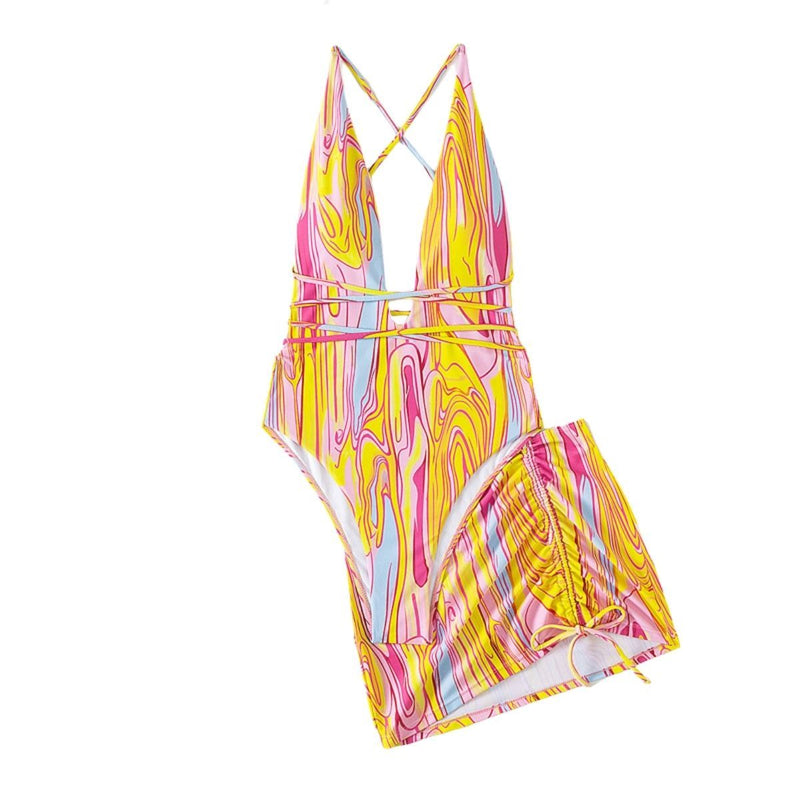 Ripple drawstring cross back one piece swimwear with beach skirt