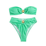 Traje de baño bikini de tubo con botones y espalda descubierta con textura y apliques metálicos 