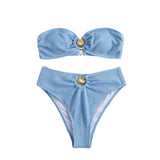 Traje de baño bikini de tubo con botones y espalda descubierta con textura y apliques metálicos 