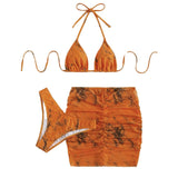 Traje de baño de 3 piezas con minifalda de malla fruncida y cuello halter en contraste 