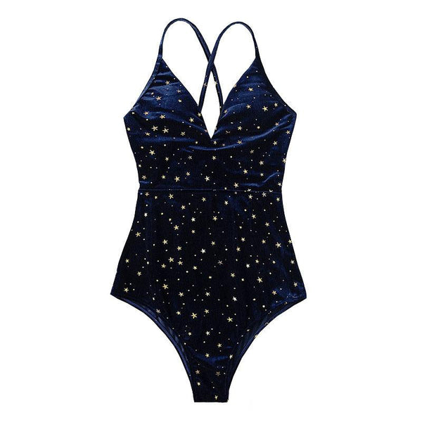 Cross back star pattern contrast v neck one piece swimwear