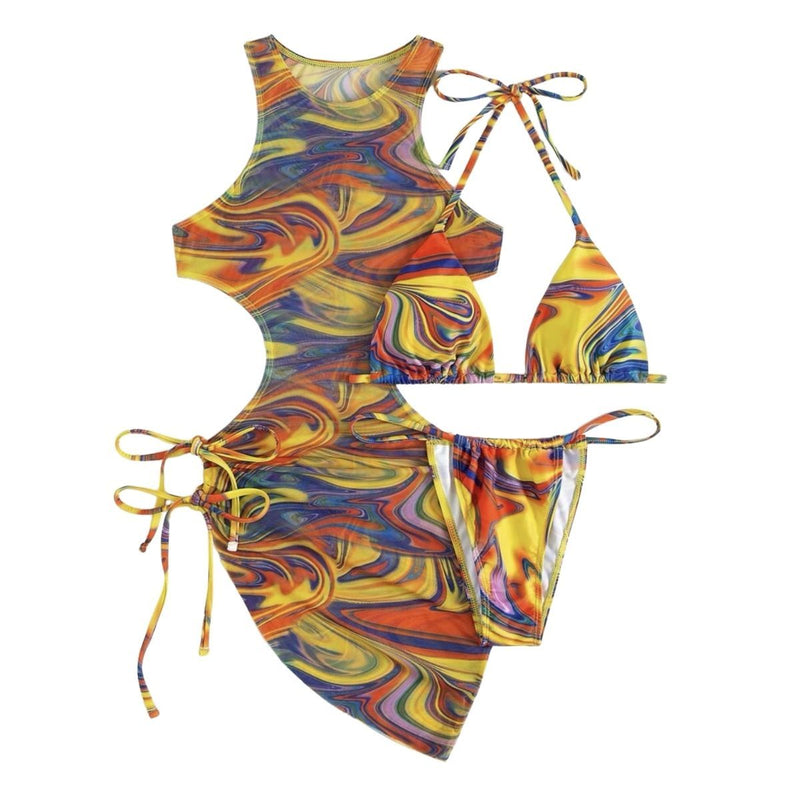 Contrast print mesh hollow out self tie halter 3 piece swimwear