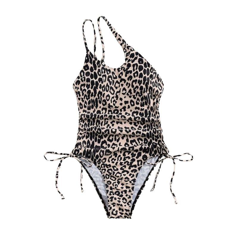 Maillot de bain une pièce irrégulier à une épaule avec cordon de serrage léopard 