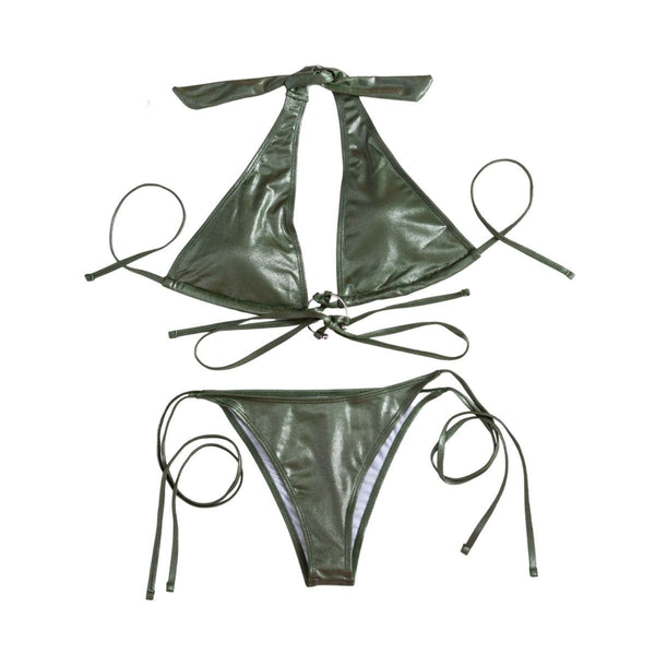 Metallic solid halter self tie o ring backless bikini swimwear