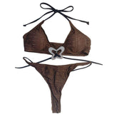 Maillot de bain bikini uni à appliques papillon et licou 