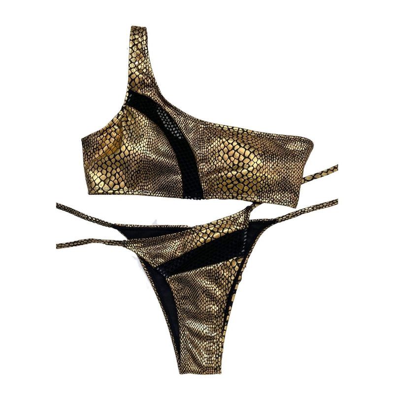Maillot de bain bikini à une épaule en patchwork imprimé peau de serpent et à nouer soi-même 