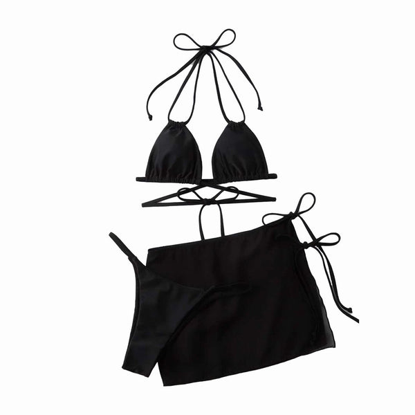 Halter solid cross front self tie 3 piece swimwear