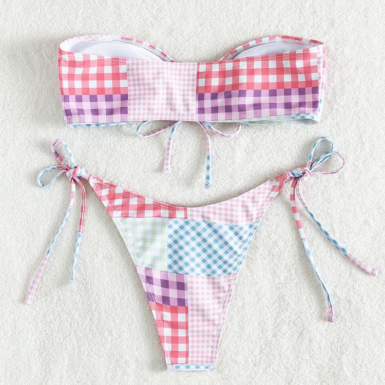 Plaid contrast print o ring self tie tube bikini swimwear