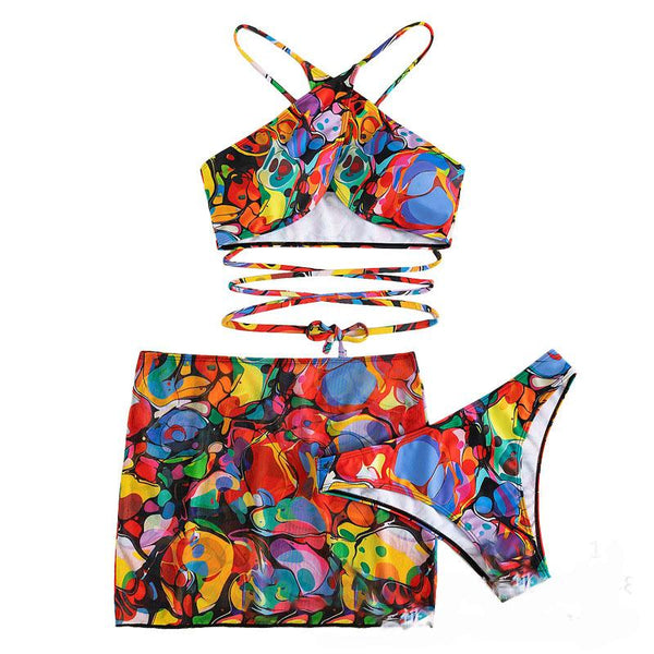 Cross back self tie backless abstract mini skirt 3 piece swimwear