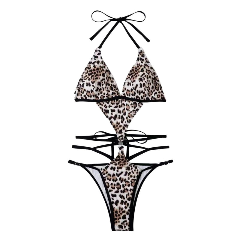 Maillot de bain bikini rembourré dos nu contrasté à imprimé léopard 