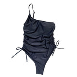 Solid drawstring one shoulder self tie one piece swimwear