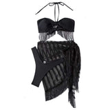 Solid halter mesh self tie ribbon 3 piece swimwear