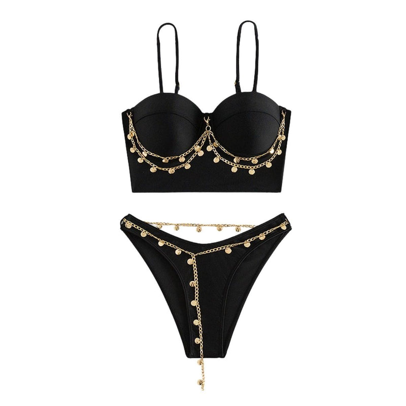 Traje de baño tipo bikini con escote en forma de corazón y relleno de cadena metálica 