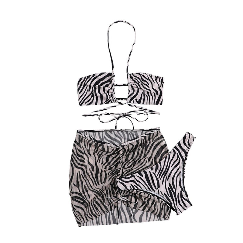 Maillot de bain 3 pièces à nouer soi-même, en maille à imprimé zèbre, avec cordon de serrage 