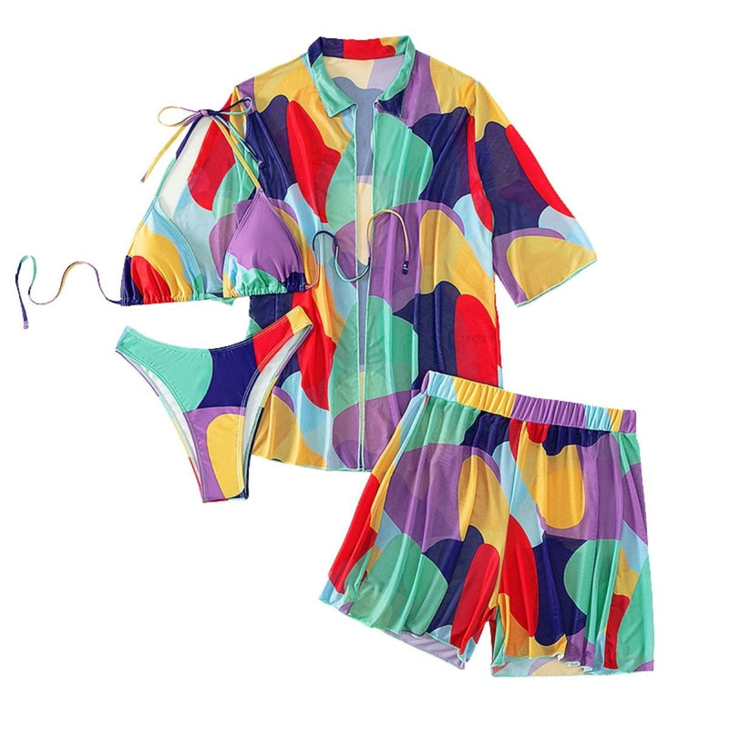 Maillot de bain 4 pièces à imprimé maille contrastée, manches courtes, licou, à nouer soi-même 