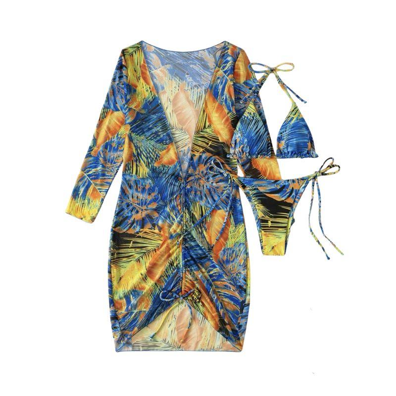 Traje de baño de 3 piezas con cuello halter, manga larga y estampado en contraste con cordón de malla 