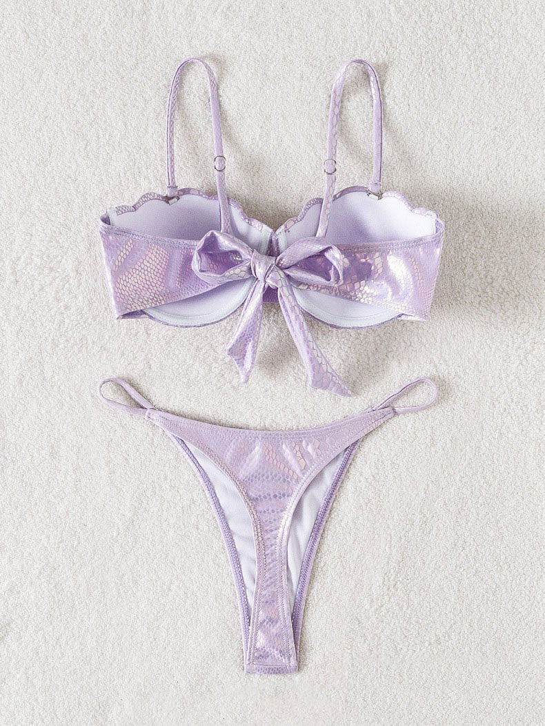 Maillot de bain bikini rembourré uni dos nu à paillettes et à nouer soi-même 