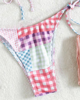 Plaid contrast print o ring self tie tube bikini swimwear