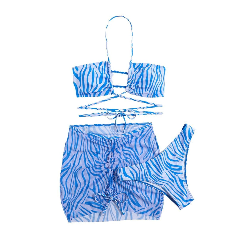 Maillot de bain 3 pièces à nouer soi-même, en maille à imprimé zèbre, avec cordon de serrage 