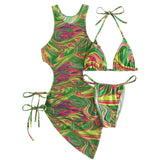 Contrast print mesh hollow out self tie halter 3 piece swimwear