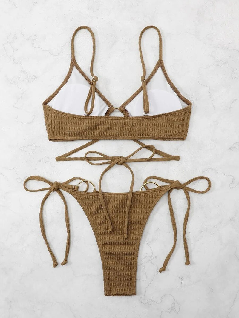 Maillot de bain bikini rembourré à nouer avec anneau en O creux et solide 