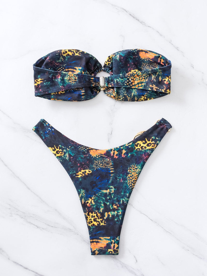 Maillot de bain bikini tube rembourré à imprimé contrasté 