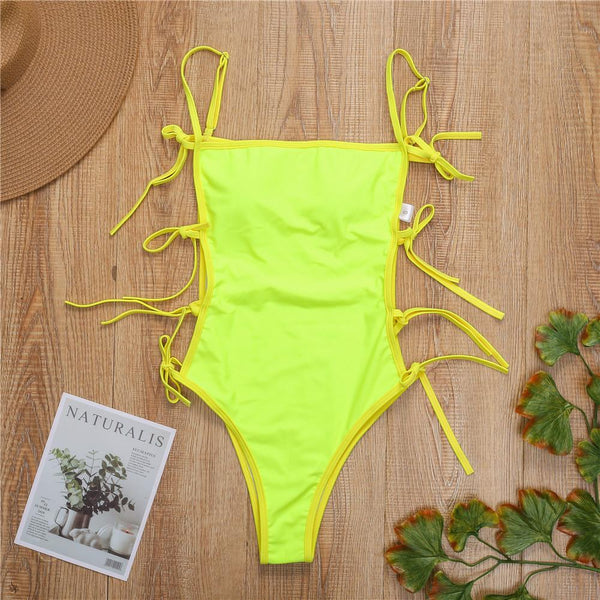 Contrast self tie square neck cami one piece swimwear