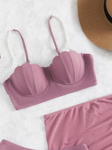 Maillot de bain 3 pièces en maille avec cordon de serrage et dos nu rembourré, motif perles 