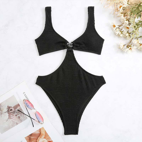 Textured hollow out o ring one piece swimwear