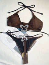Maillot de bain bikini uni à appliques papillon et licou 