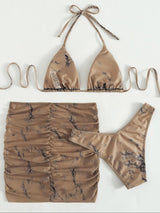Traje de baño de 3 piezas con minifalda de malla fruncida y cuello halter en contraste 