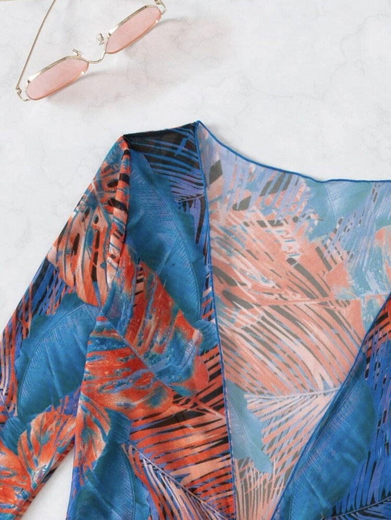 Traje de baño de 3 piezas con cuello halter, manga larga y estampado en contraste con cordón de malla 