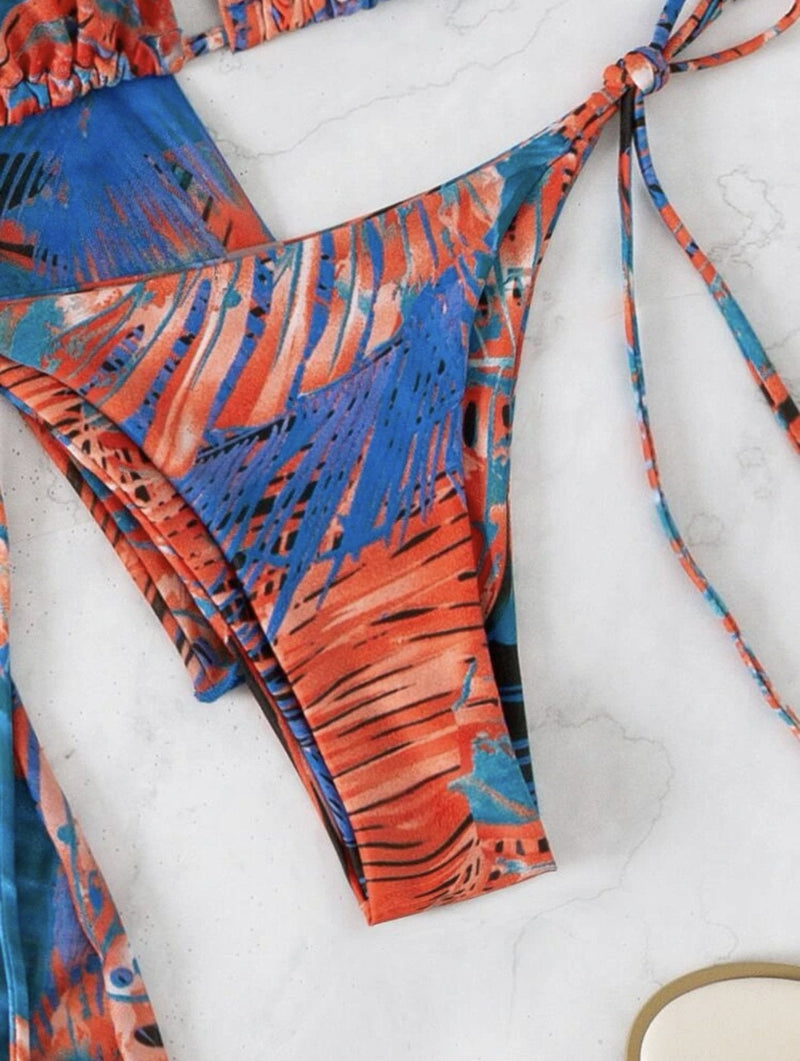 Traje de baño de 3 piezas con cuello halter, manga larga y estampado en contraste con cordón de malla 
