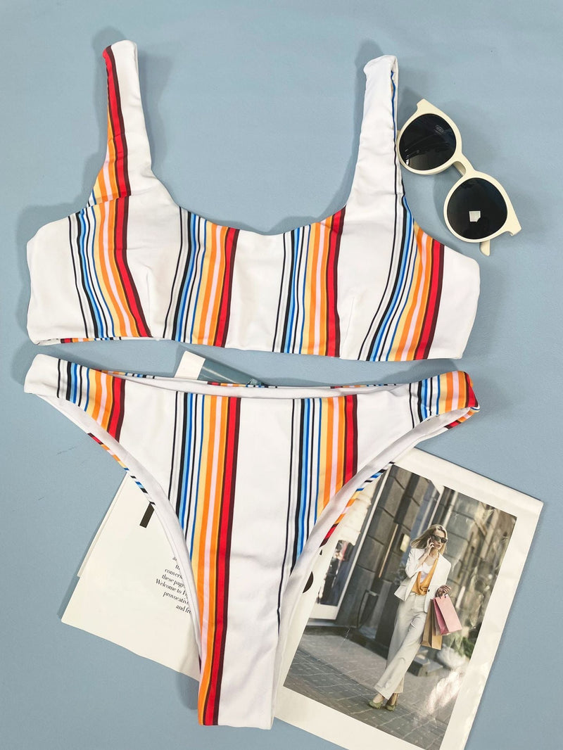 Maillot de bain bikini rayé à imprimé contrasté 